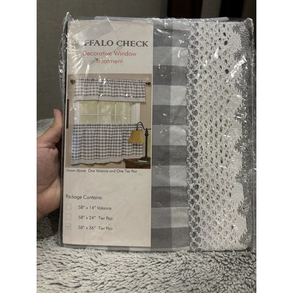 Achim Buffalo Check Valance 58x36 Gray White Farmhouse Macrame NEW